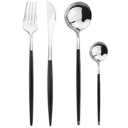 24-piece stainless steel cutlery set with mirror-polished finish showing six place settings in gold colour