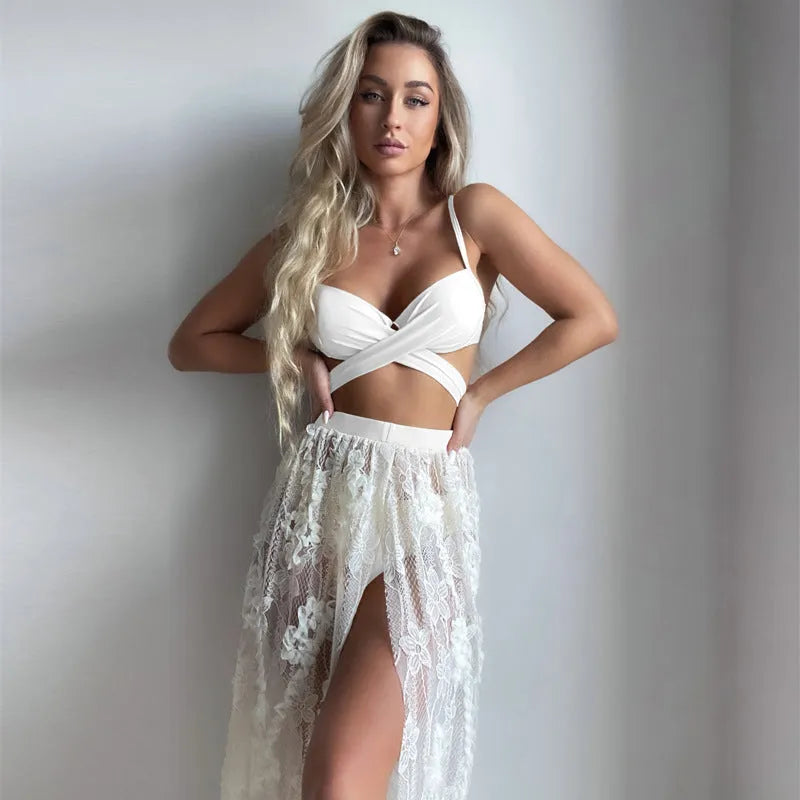 Women's three-piece backless push-up bikini set in creamy white, reddish brown or white colours