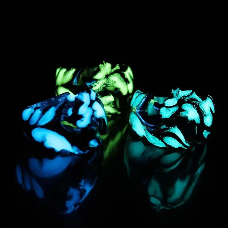 Adjustable Chinese style metal ring with a luminous dragon pattern in antique blue and green.
