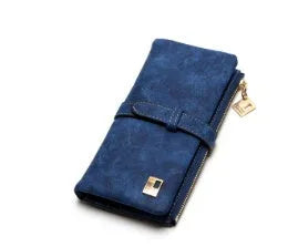 Korean-style retro matte leather long wallet in army green with zip closure and multiple interior card slots