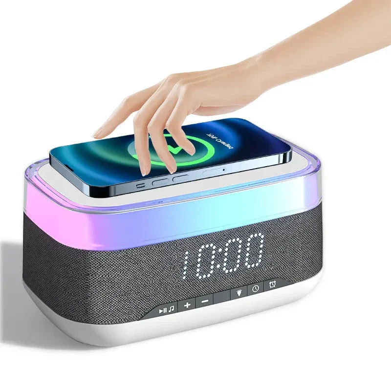 Intelligent Multifunctional Alarm Clock with Bluetooth Speaker, Wireless Charger, and Atmosphere Light