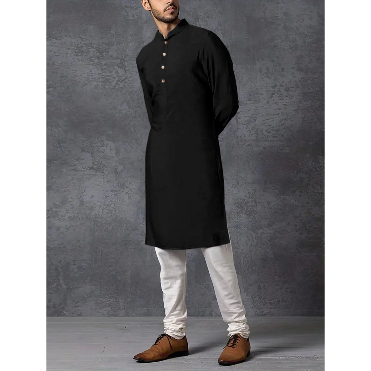 Men's black slim fit stand collar robe with long sleeves, polyester, size M-XXXL