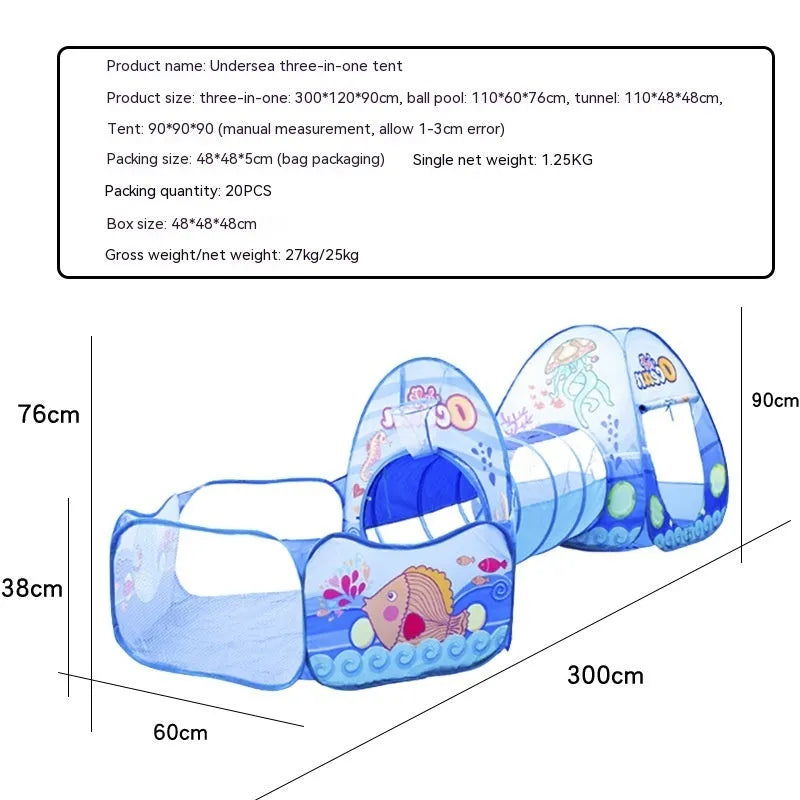 Underwater World children's three-in-one play tent with ball pool and tunnel in cartoon marine design