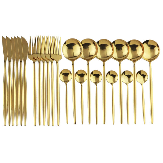 24-piece stainless steel cutlery set with mirror-polished finish showing six place settings in gold colour