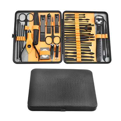 Beauty manicure nail care kit with stainless steel tools in red PU leather case weighing 397g