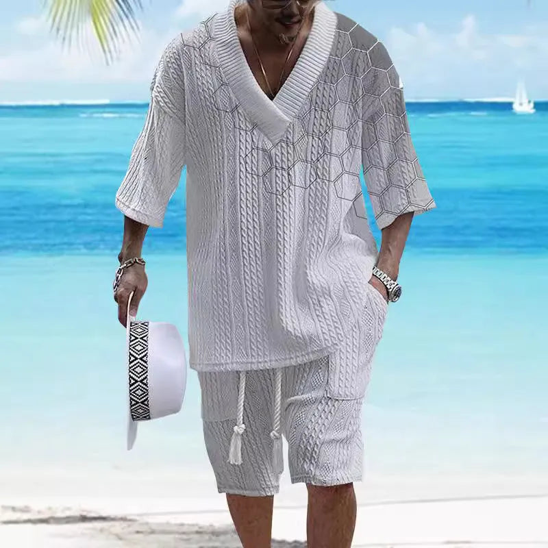 Printed drop-shoulder men's knitted shorts suit in polyester blend, short sleeves and shorts, colour options TH01-362 to TH01-366
