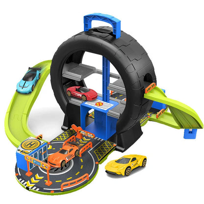 Children's tyre track parking lot toy with 28cm tracks and 33cm high parking structure for educational vehicle play