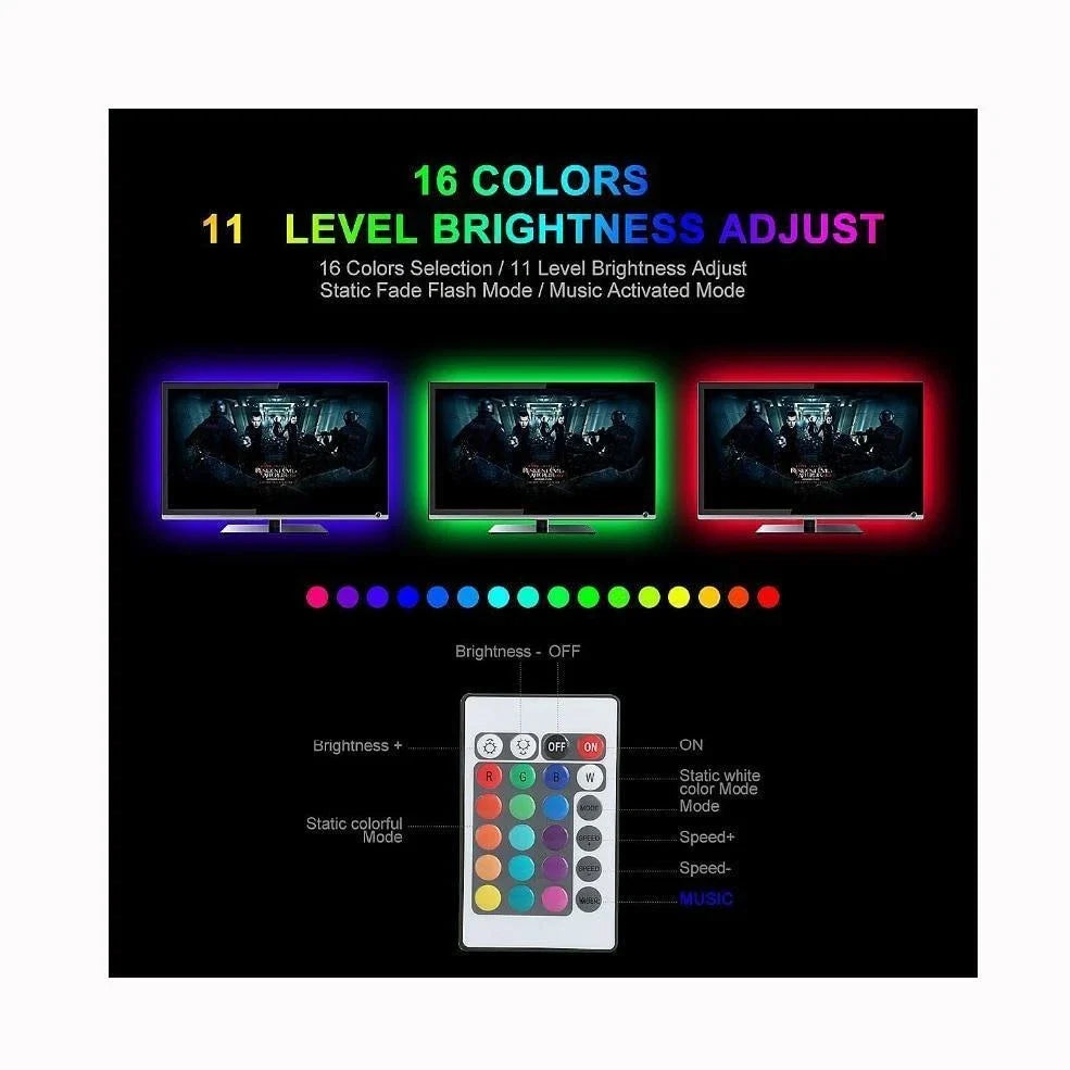 5 metre colour changing LED strip with remote control showing multiple colour options
