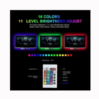 5 metre colour changing LED strip with remote control showing multiple colour options
