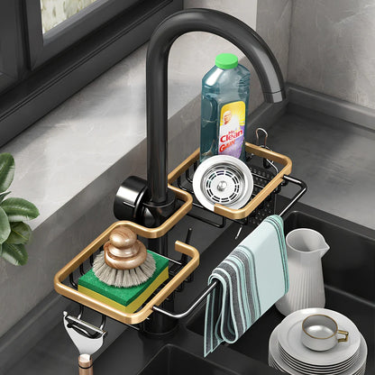 Silver aluminium kitchen storage rack with two tiers and towel rail for utensil organisation