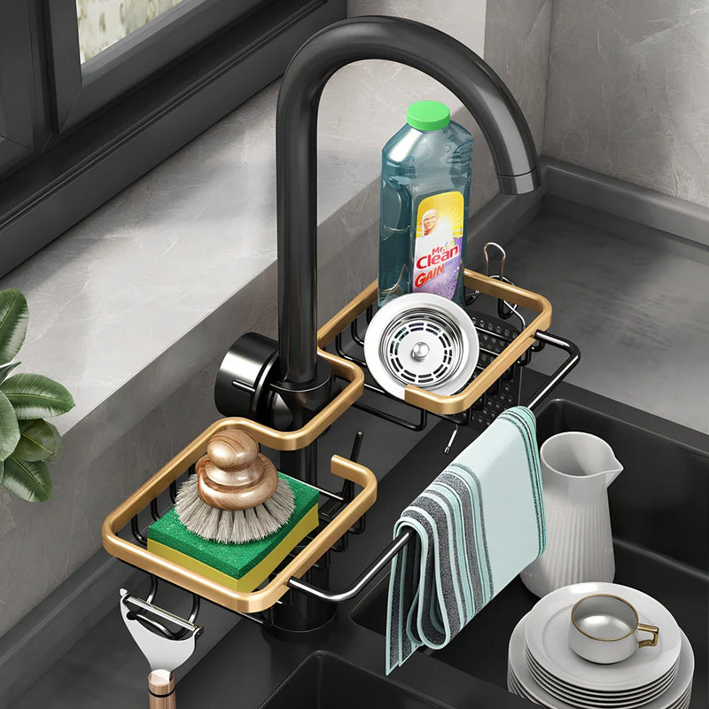 Kitchen storage faucet rack drain basket organiser with 2-tier aluminium construction and integrated towel rail for utensil drying and countertop organisation