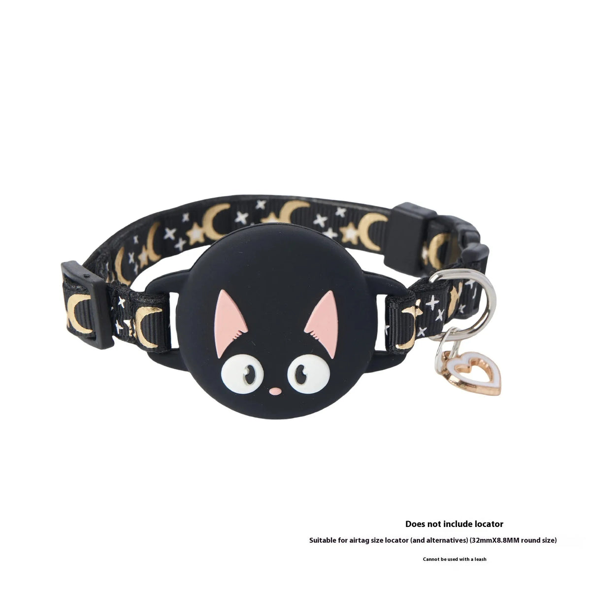 Adjustable cat collar with AirTag protective case in colour-matched design showing sizing options