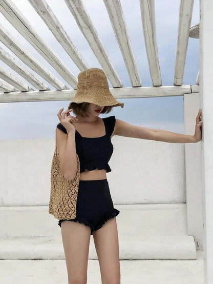 Black split bikini with steel tray support and no underwire, showing front and back views