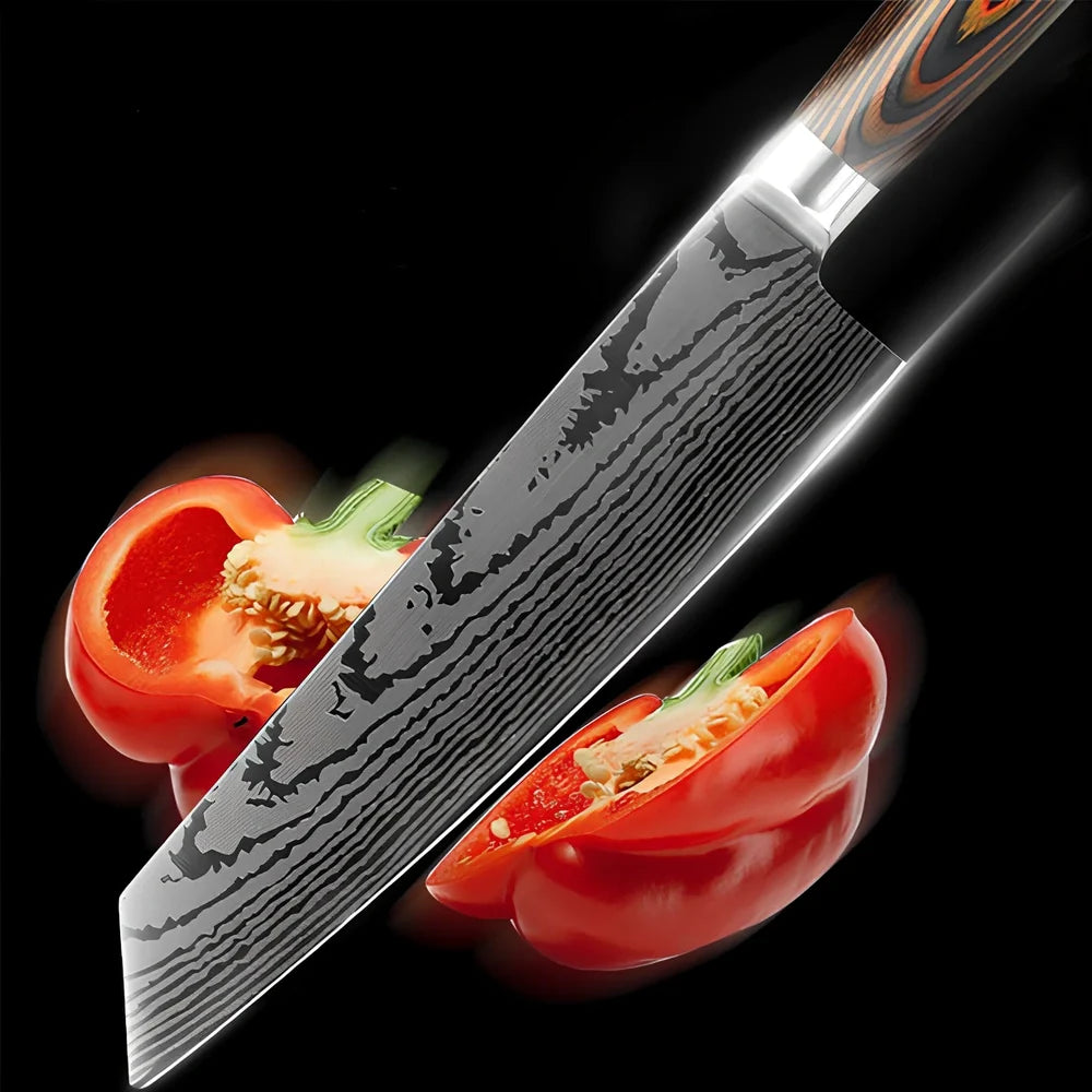 Six stainless steel kitchen knives with laser Damascus patterns on blades and wooden handles arranged with protective covers