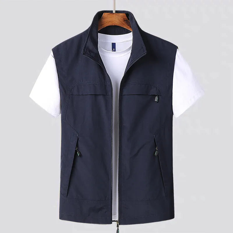 Striped waterproof hooded vest with multiple patch pockets on a mannequin.