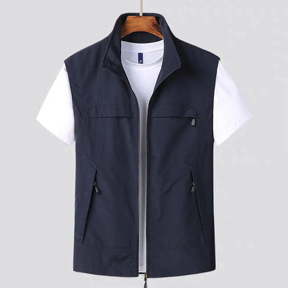 Striped waterproof hooded vest with multiple patch pockets on a mannequin.