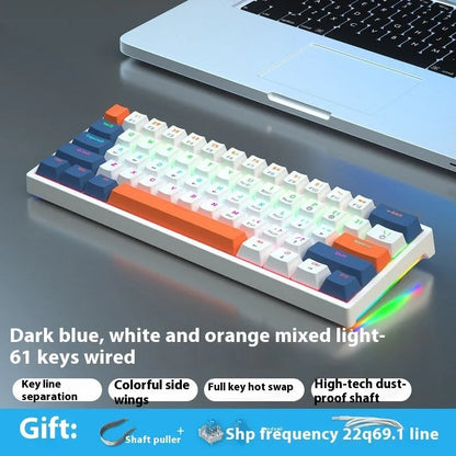 Small white 61-key mechanical keyboard with hot-swappable sockets and a black USB cable.