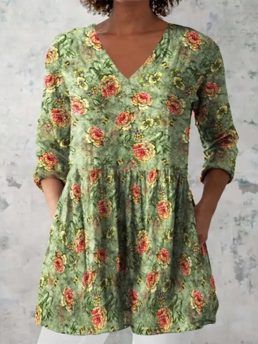 Women's printed wave loose dress with wide waist design and 3/4 sleeves in one of seven style options