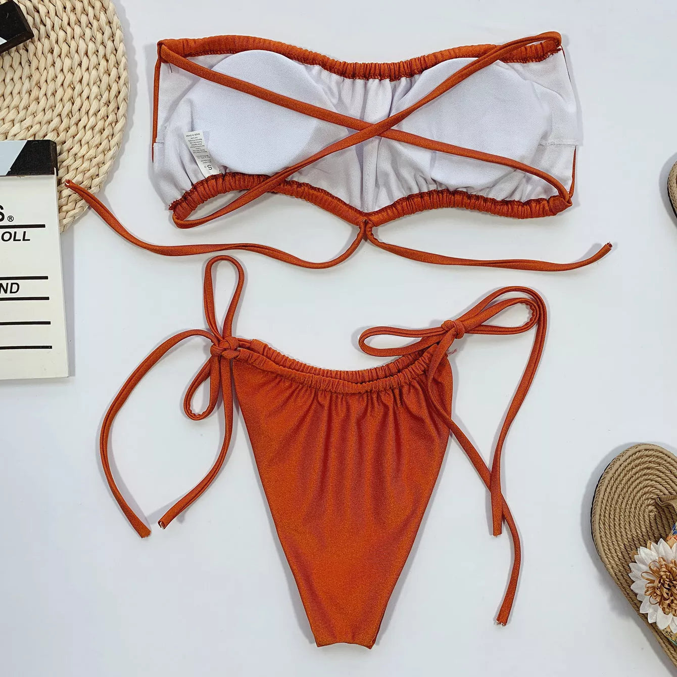 Nylon beach bikini in Caramel and Apricot colors, adjustable for A-D cup sizes
