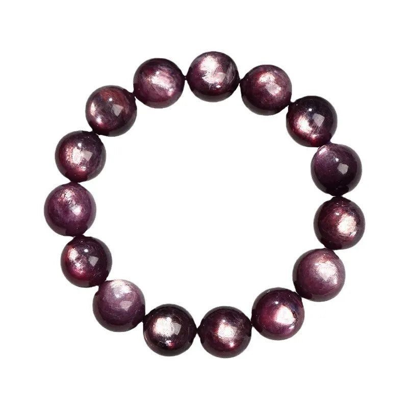 Purple lepidolite crystal bracelet with polished round beads in geometric design on wrist