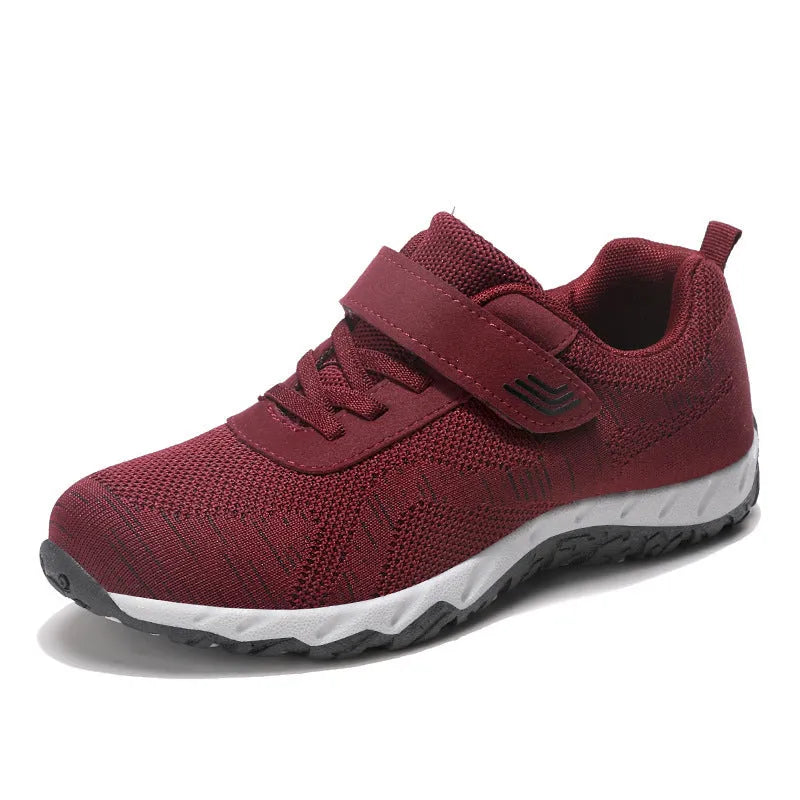 Women's grey purple soft sole velcro shoes with a low-top mesh upper and wedge heel.