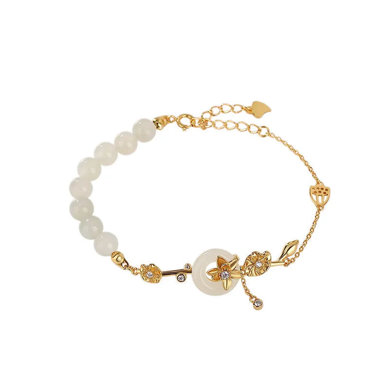 Hetian jade lotus peace buckle bracelet in 925 silver with gold plating, antique retro style