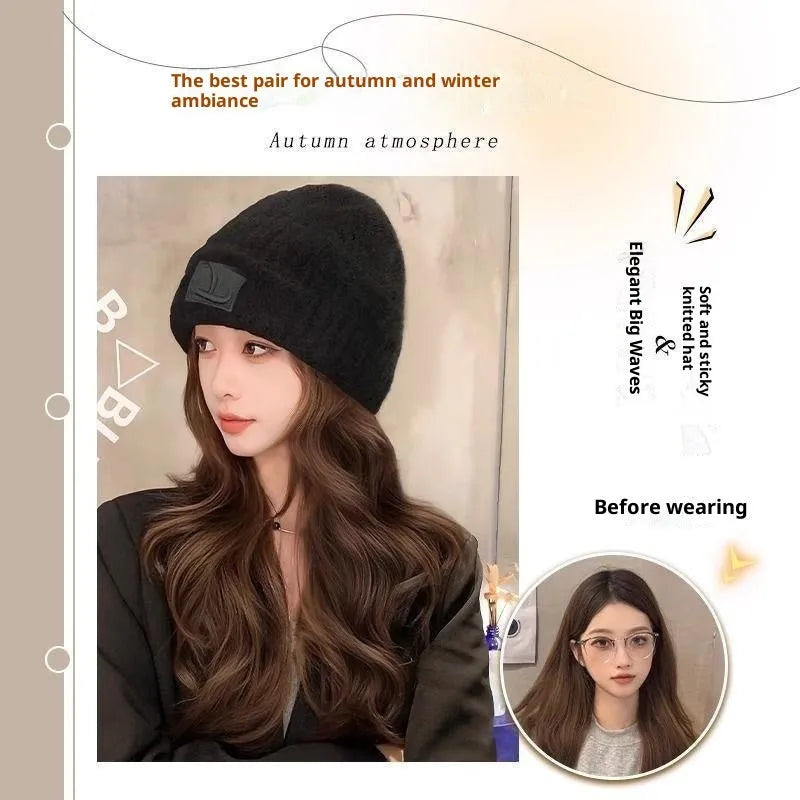 Hat wig with big wave curly hair in cold brown or brown black, full-head design for women, medium to long length