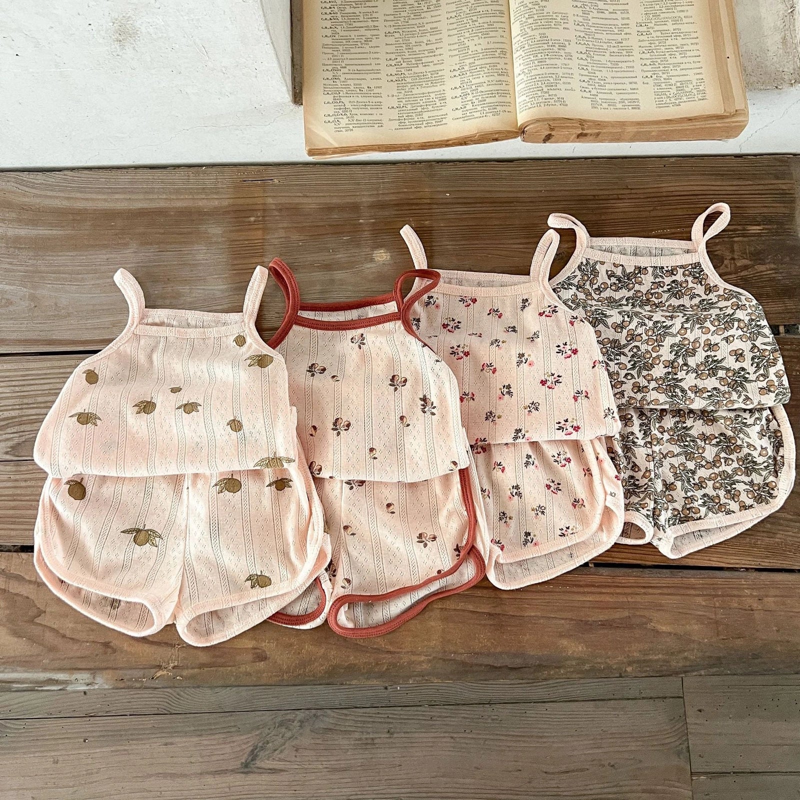 Children's cotton corduroy pajama set with cartoon print in olive, floral, lemon, or peach colours