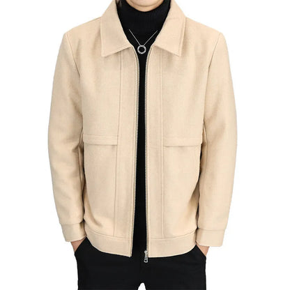 Casual khaki polo collar jacket with side seam pockets on a solid background.