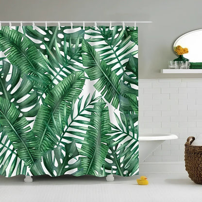 Tropical shower curtain with green and white design, digital printing technology, multiple size options for bathrooms