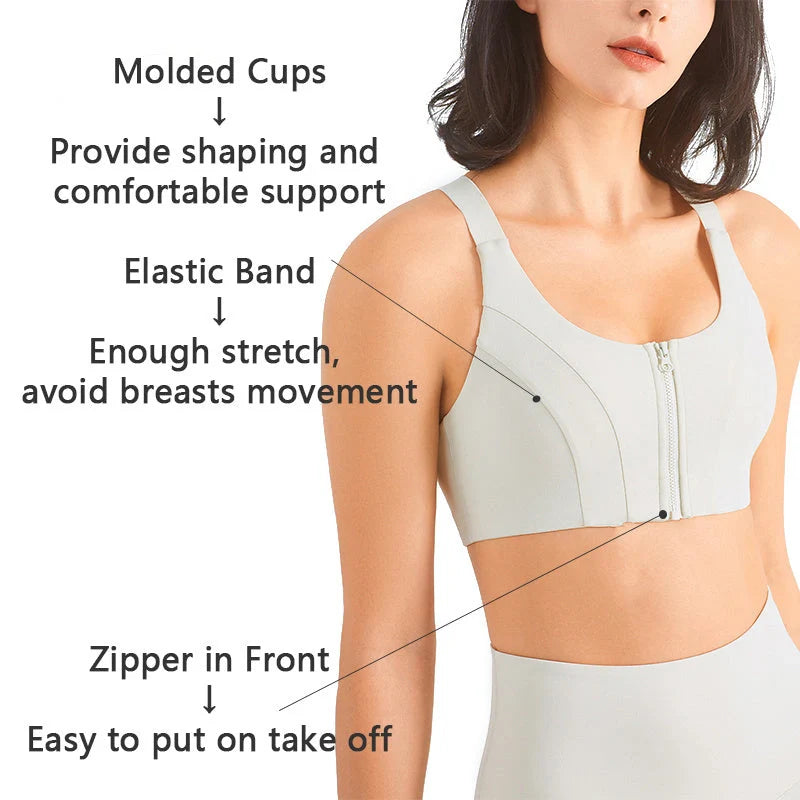 Front zip sports bra for women with mesh back and high support
