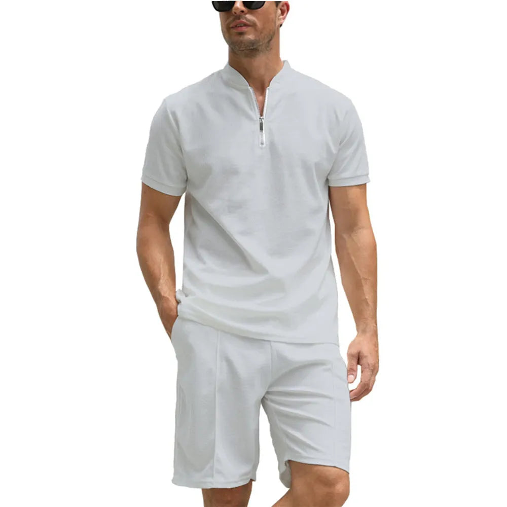 Men's solid colour polo shirt suit set with short sleeves, showing top and trousers in beaded bird's eye fabric