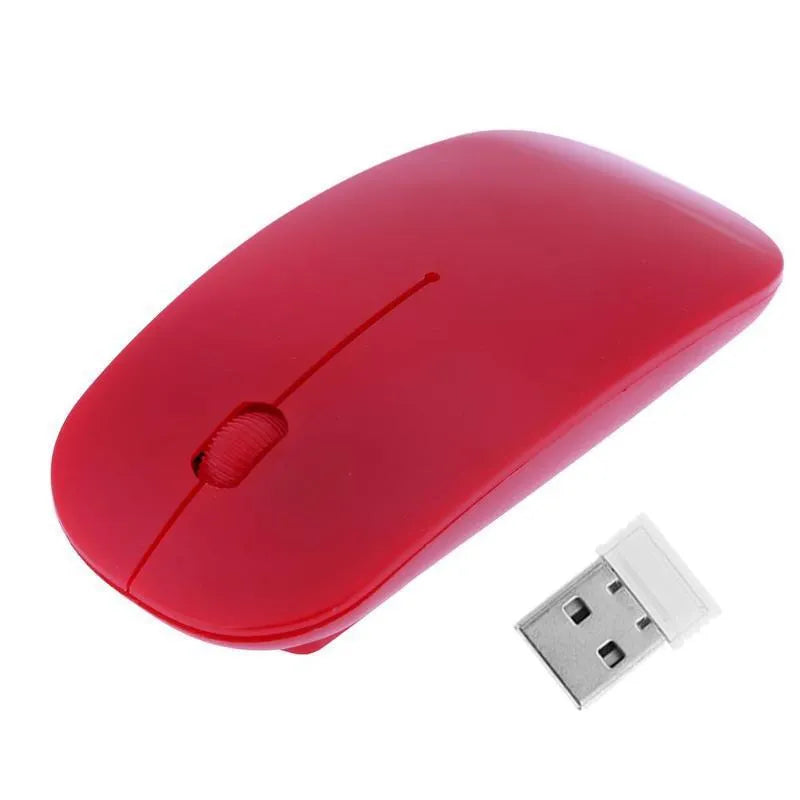 Thin wireless mouse in black, blue, green, pink, purple, red or white, with 10m range and adjustable dpi.