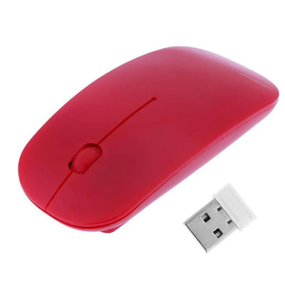 Thin wireless mouse in black, blue, green, pink, purple, red or white, with 10m range and adjustable dpi.