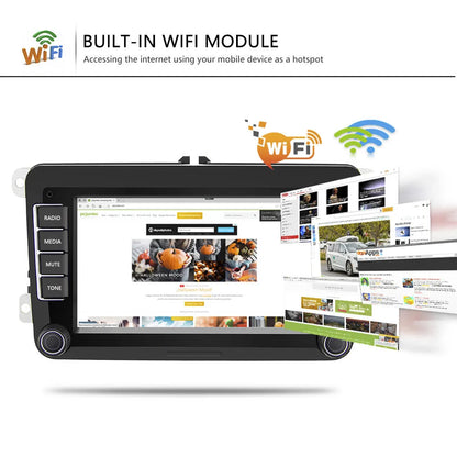 Volkswagen universal 7-inch Android car stereo head unit with touchscreen displayed.