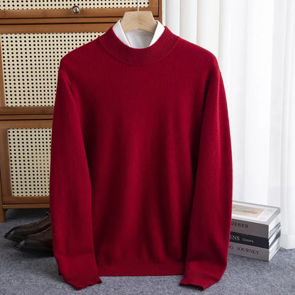 Men's half-collar wool sweater in loose fit with rough yarn texture, shown in winter business style