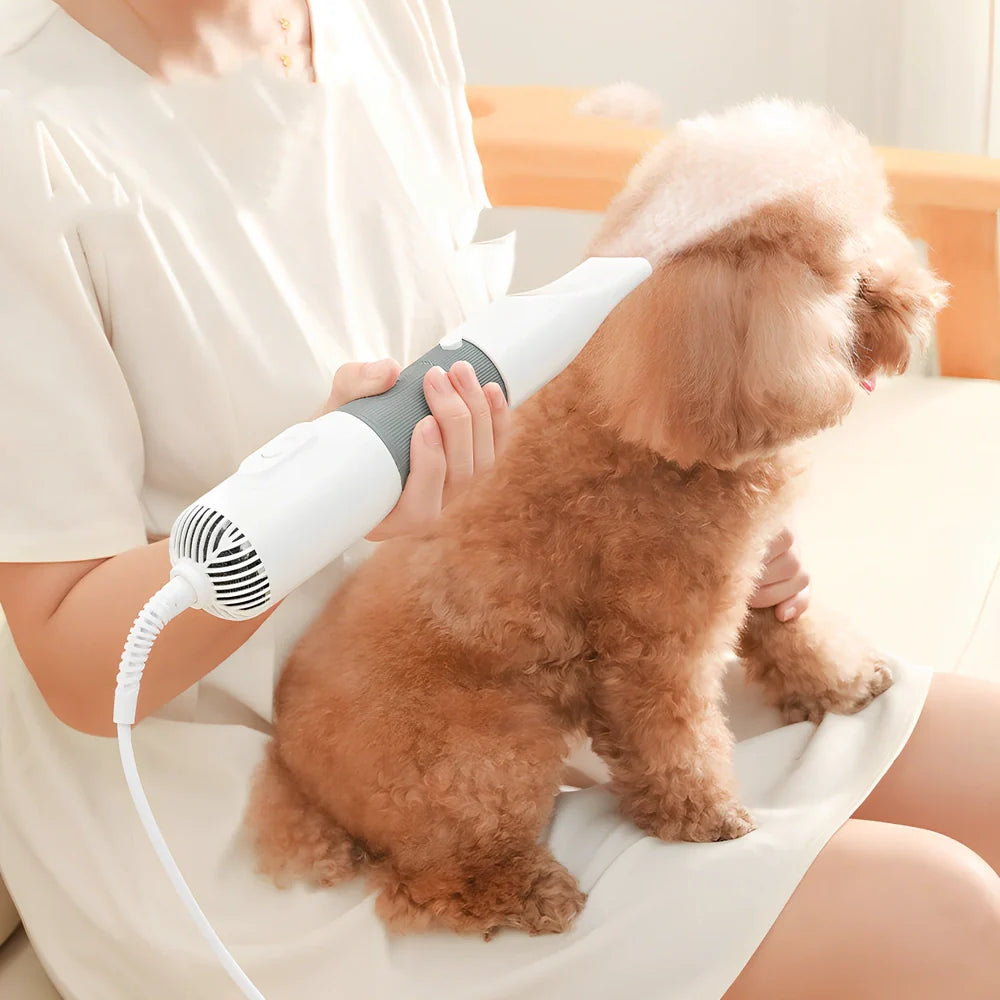 Grey electric pet grooming comb with hair removal function, 29cm length with two wind head attachments