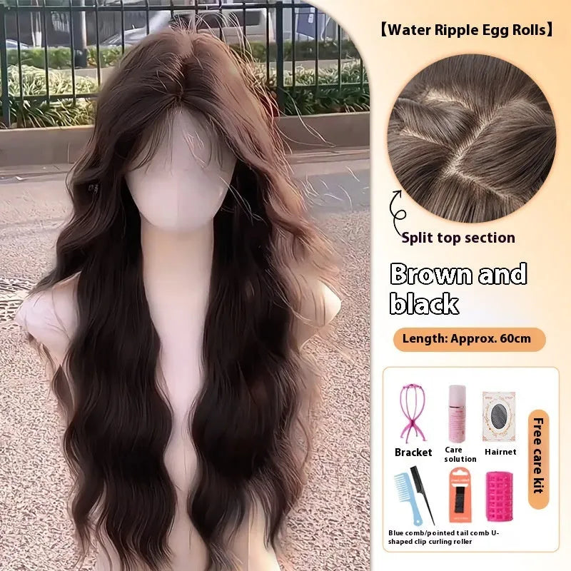 Full head synthetic wig with long curly brown hair and side bangs, made from high temperature fibre.