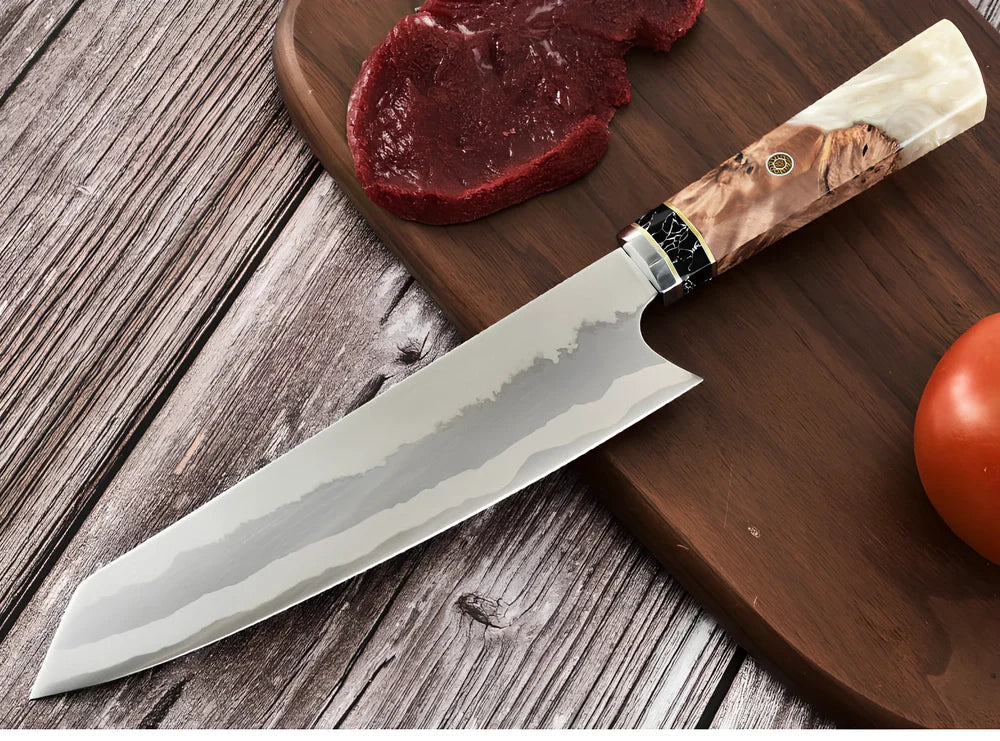 Stainless steel chef knife with 20cm blade and resin handle featuring turquoise stone inlays