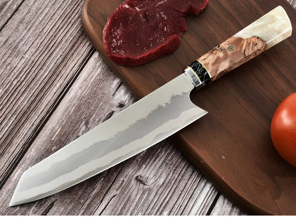 Stainless steel chef knife with 20cm blade and resin handle featuring turquoise stone inlays