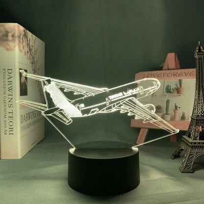 Custom 3D airplane hologram night light with optical acrylic panel and ABS base showing colour-changing illumination