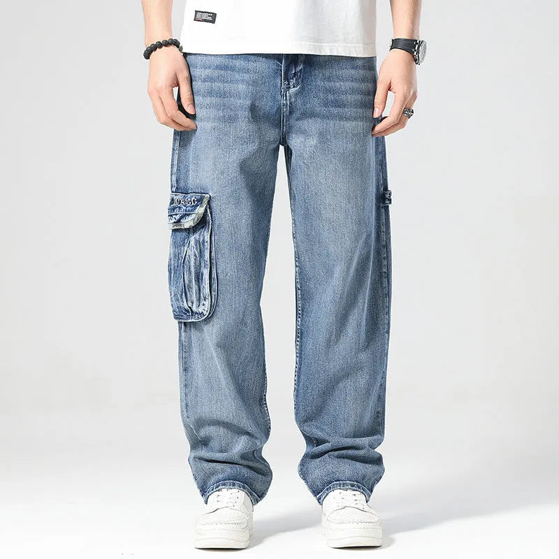 Men's loose-fit hip hop trousers with multi-pocket design in retro denim