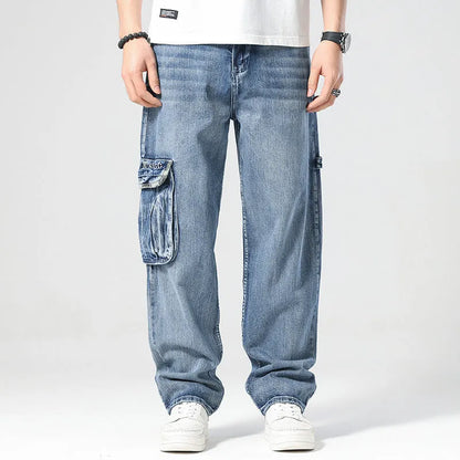 Men's loose-fit hip hop trousers with multi-pocket design in retro denim