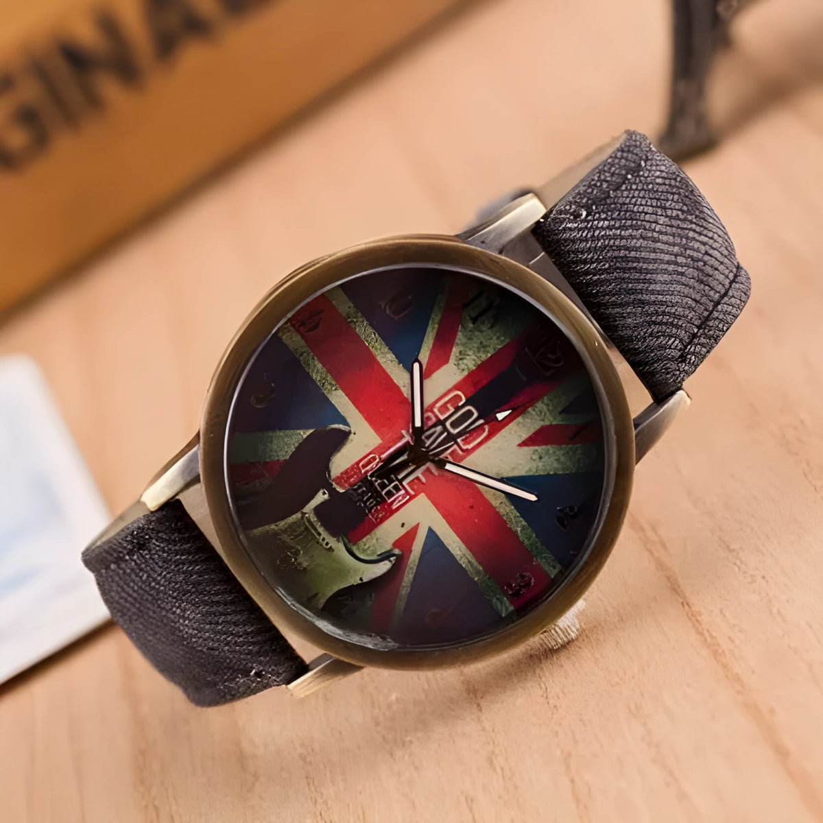 UK flag wrist watch with Union Jack dial, antique bronze finish, metal case and leather strap