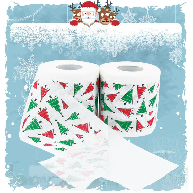 Christmas-themed toilet paper roll with Santa Claus and festive designs