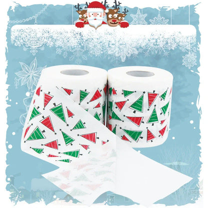 Christmas-themed toilet paper roll with Santa Claus and festive designs
