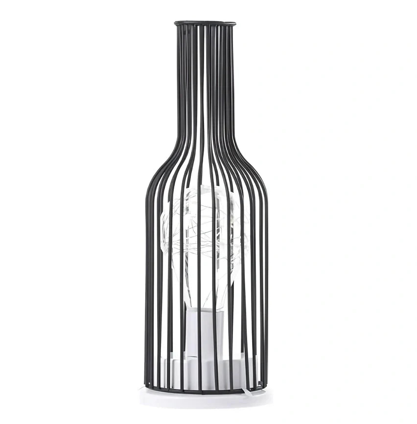 Minimalist hollow table lamp in red wine bottle design with wrought iron construction and warm white LED illumination
