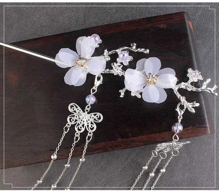 Hanfu Plum Blossom Branch Tassel Hairpin in gold and silver, traditional Chinese hair accessory