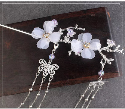 Hanfu Plum Blossom Branch Tassel Hairpin in gold and silver, traditional Chinese hair accessory