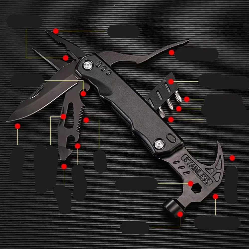 Black stainless steel folding hammer showing 168mm length with aluminium alloy handle in unfolded position